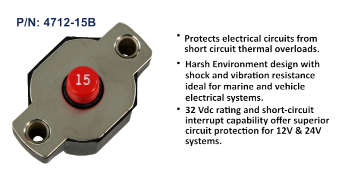 Circuit Breaker, Medium Duty Push Button Reset Only, 15 Amp, Bulk Pack