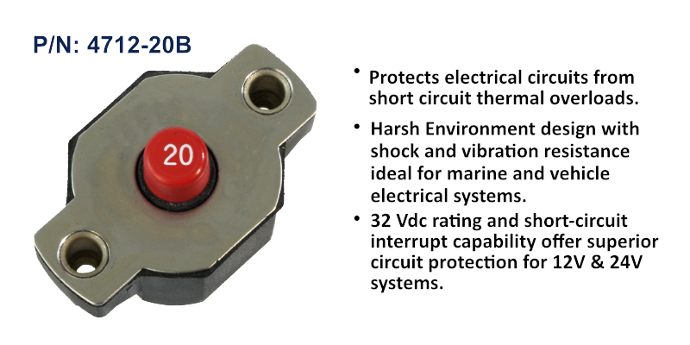 Circuit Breaker, Medium Duty Push Button Reset Only, 20 Amp, Bulk Pack