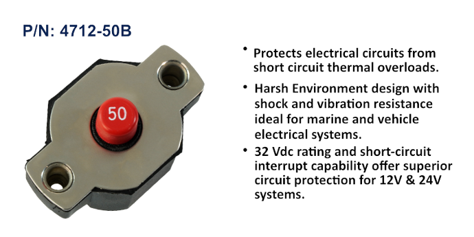 Circuit Breaker, Medium Duty Push Button Reset Only, 50 Amp, Bulk Pack