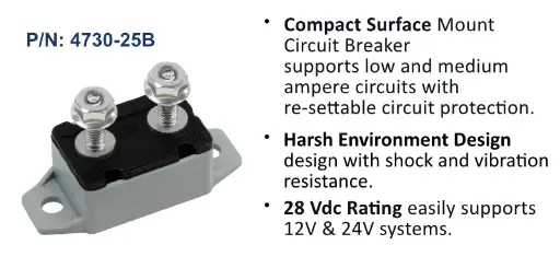[4730-25B] Circuit Breaker, Short Stop Marine, 25 Amp, Grey, Bulk Pack