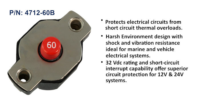 Circuit Breaker, Medium Duty Push Button Reset Only, 60 Amp, Bulk Pack