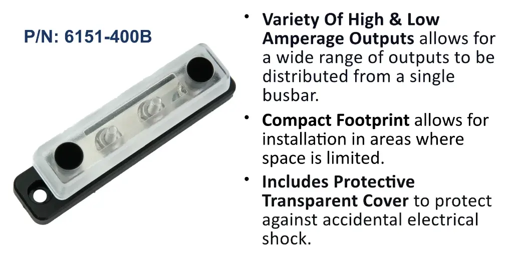 150A Four M5 (1/4") Studs Common BusBar - With Cover, Bulk Pack