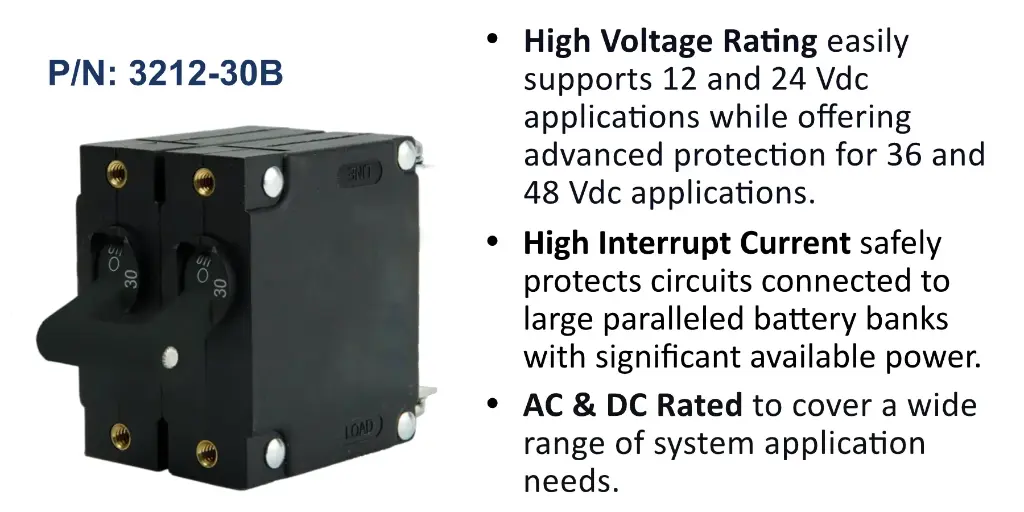 A Series Black Toggle Panel Mount Circuit Breaker, Dual Pole AC/DC, 30 Amp, Bulk Pack