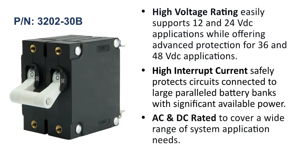 A Series White Toggle Panel Mount Circuit Breaker, Dual Pole AC/DC, 30 Amp, Bulk Pack