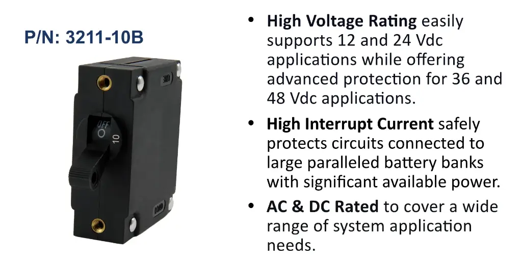 A Series Black Toggle Panel Mount Circuit Breaker, Single Pole AC/DC, 10 Amp, Bulk Pack