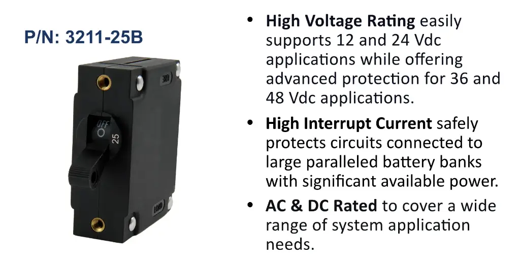 A Series Black Toggle Panel Mount Circuit Breaker, Single Pole AC/DC, 25 Amp, Bulk Pack