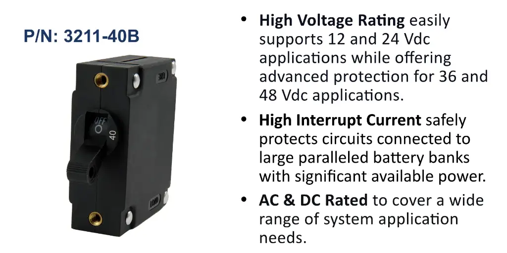 A Series Black Toggle Panel Mount Circuit Breaker, Single Pole AC/DC, 40 Amp, Bulk Pack