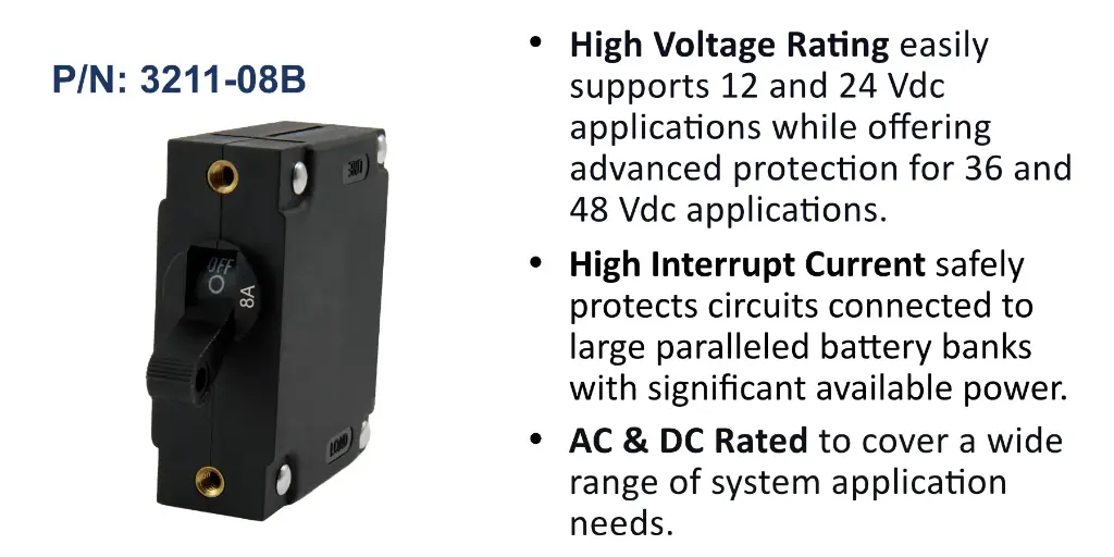 A Series Black Toggle Panel Mount Circuit Breaker, Single Pole AC/DC, 8 Amp, Bulk Pack