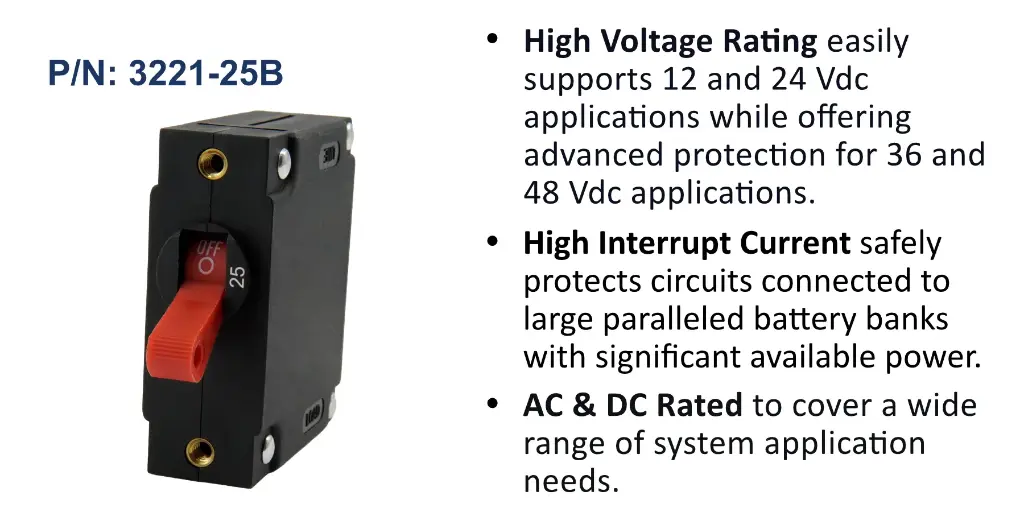 A Series Red Toggle Panel Mount Circuit Breaker, Single Pole AC/DC, 25 Amp, Bulk Pack