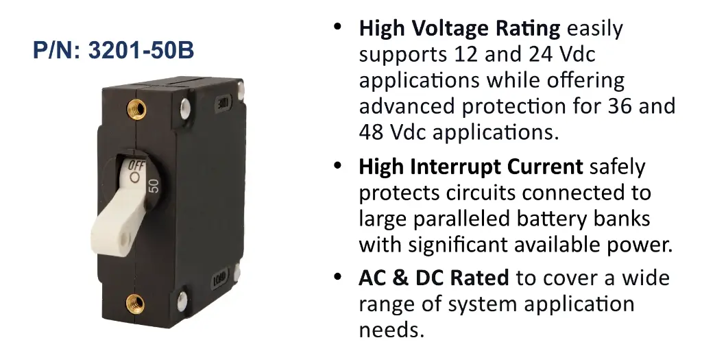 A Series White Toggle Panel Mount Circuit Breaker, Single Pole AC/DC, 50 Amp, Bulk Pack