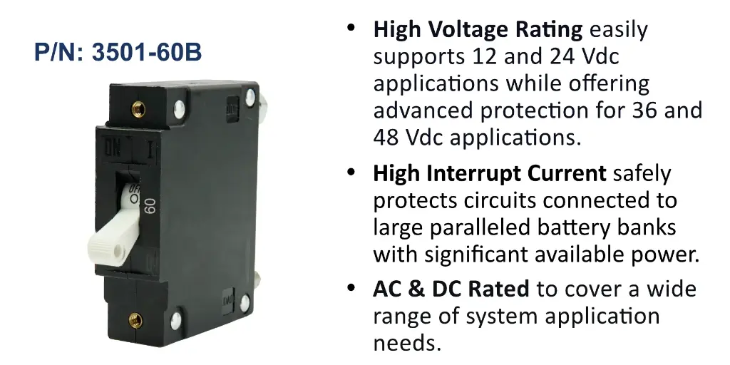 C Series White Toggle Panel Mount Circuit Breaker, Single Pole  AC/DC, 60 Amp, Bulk Pack