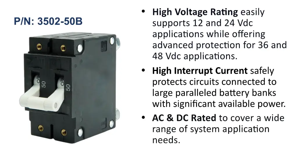 C Series White Toggle Panel Mount Circuit Breaker, Double Pole AC/DC, 50 Amp, Bulk Pack