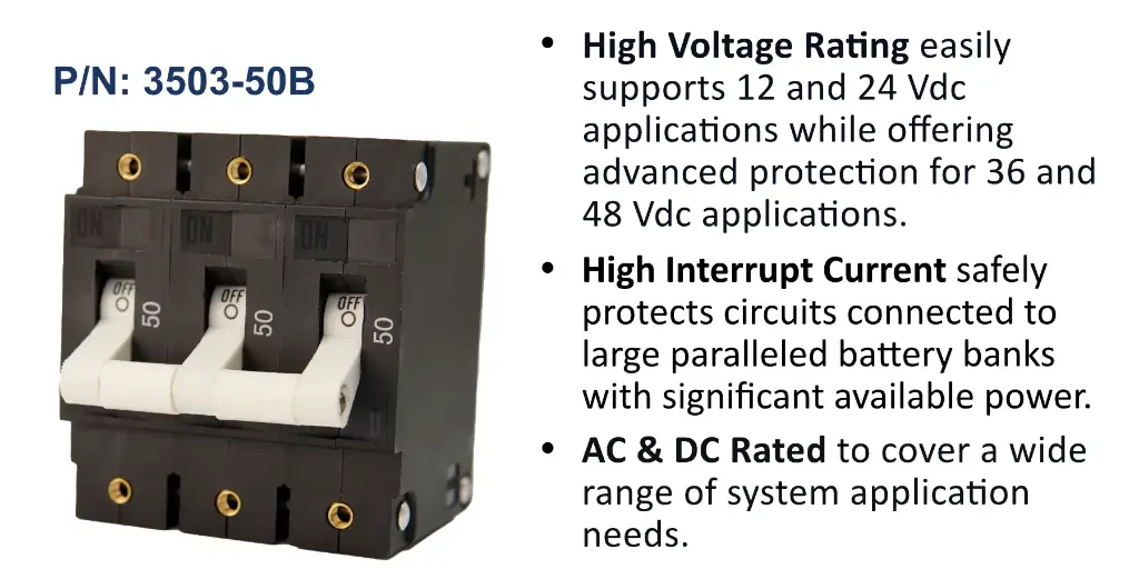C Series White Toggle Panel Mount Circuit Breaker, Triple Pole AC/DC, 50 Amp, Bulk Pack
