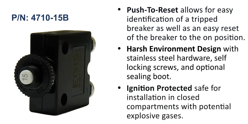 Push Button Panel Mount Circuit Breaker, Screw Terminals, 15 Amp, Bulk Pack