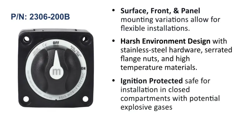 m-Series 300A Battery Switch Off/On, Knob Actuator, Black, Bulk Pack