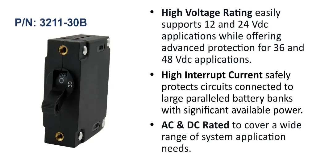 A Series Black Toggle Panel Mount Circuit Breaker, Single Pole AC/DC, 30 Amp, Bulk Pack