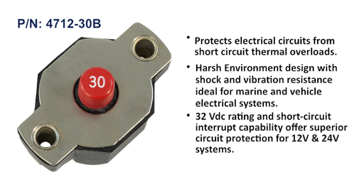 [4712-30B] Circuit Breaker, Medium Duty Push Button Reset Only, 30 Amp, Bulk Pack