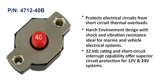 [4712-40B] Circuit Breaker, Medium Duty Push Button Reset Only, 40 Amp, Bulk Pack