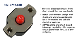[4712-60B] Circuit Breaker, Medium Duty Push Button Reset Only, 60 Amp, Bulk Pack