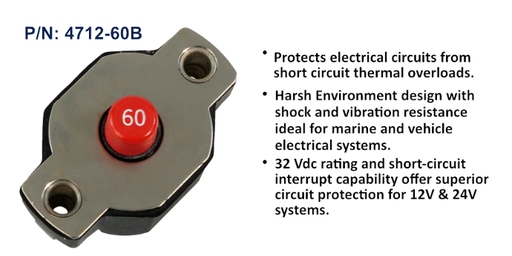 [4712-60B] Circuit Breaker, Medium Duty Push Button Reset Only, 60 Amp, Bulk Pack