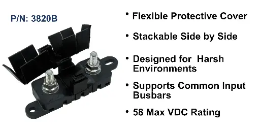 [3820B] MEGA Fuse Block, M8 Stainless Self-Locking Hardware, Black Cover, Bulk Pack