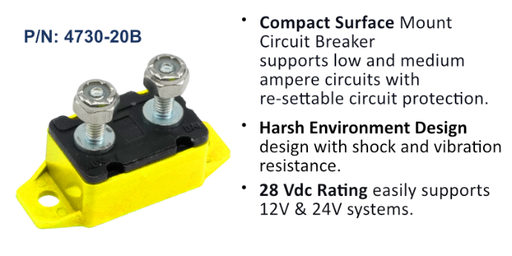 Circuit Breaker, Short Stop Marine, 20 Amp, Yellow, Bulk Pack