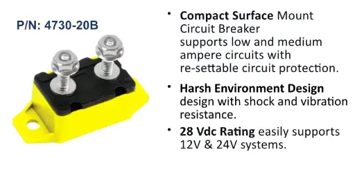 [4730-20B] Circuit Breaker, Short Stop Marine, 20 Amp, Yellow, Bulk Pack