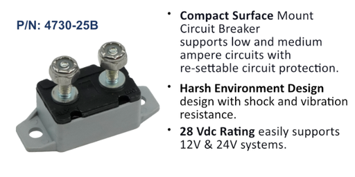 Circuit Breaker, Short Stop Marine, 25 Amp, Grey, Bulk Pack