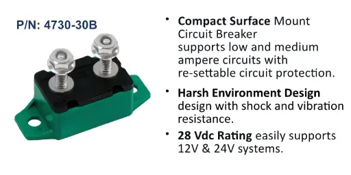 [4730-30B] Circuit Breaker, Short Stop Marine, 30 Amp, Green, Bulk Pack