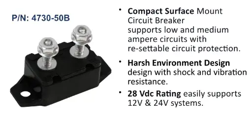 [4730-50B] Circuit Breaker, Short Stop Marine, 50 Amp, Black, Bulk Pack